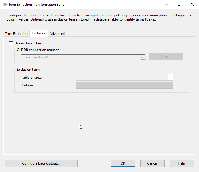 Exclusion tab page in the term extraction editor